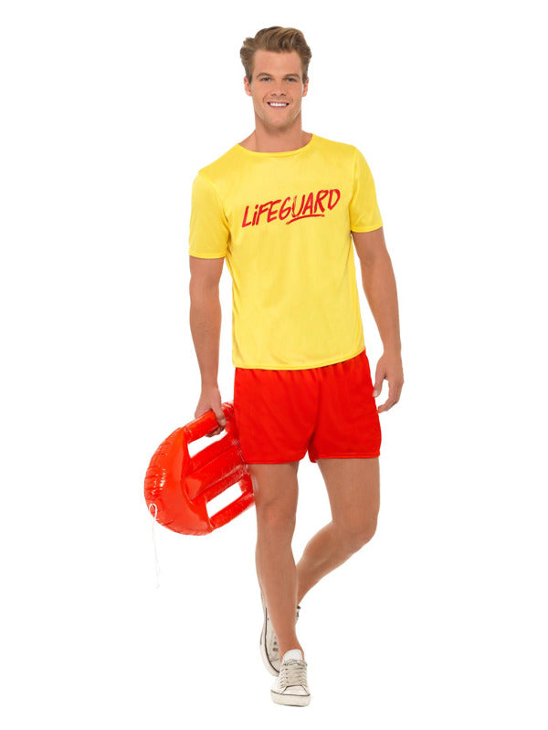 Lifeguard Beach Costume Mens Yellow T-Shirt and Red Shorts Baywatch Style