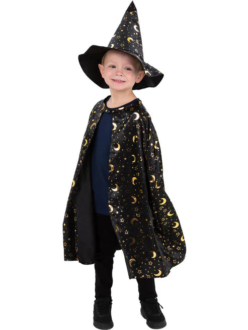 Wizard Kit Unisex Cape Hat for Kids Moon and Stars Gold Pattern