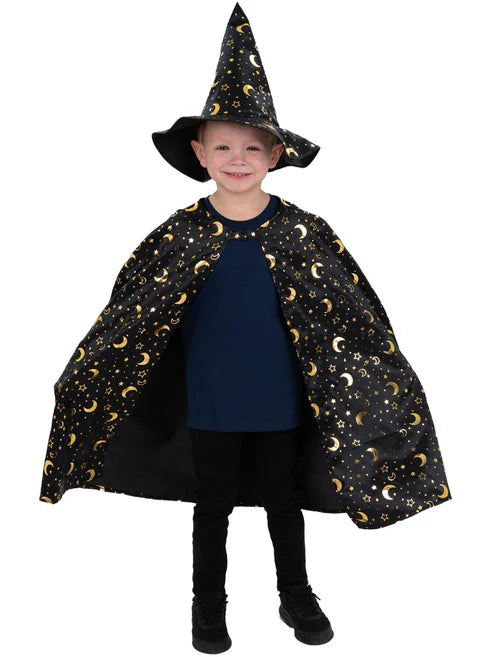 Wizard Kit Unisex Cape Hat for Kids Moon and Stars Gold Pattern