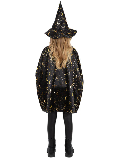 Wizard Kit Unisex Cape Hat for Kids Moon and Stars Gold Pattern