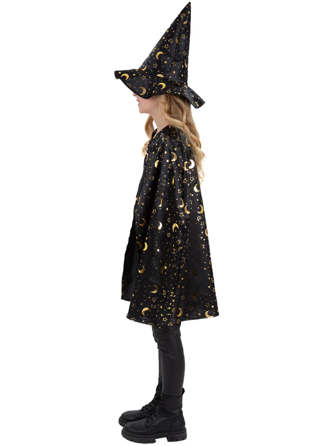 Wizard Kit Unisex Cape Hat for Kids Moon and Stars Gold Pattern