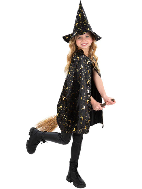 Wizard Kit Unisex Cape Hat for Kids Moon and Stars Gold Pattern