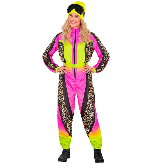 “Neon Pink-Yellow Animalier Leopard Ski Suit Overalls, Belt