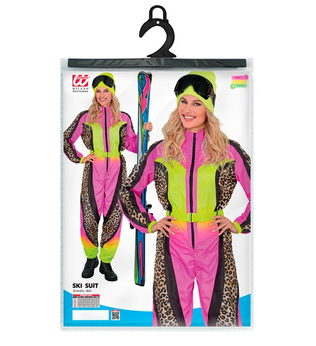 “Neon Pink-Yellow Animalier Leopard Ski Suit Overalls, Belt