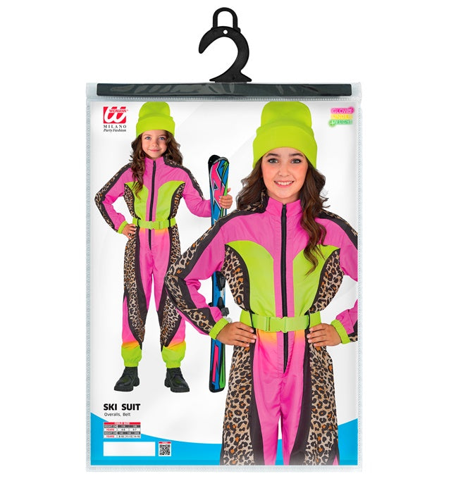 “Neon Pink-Yellow Animalier Leopard Ski Suit Overalls, Belt