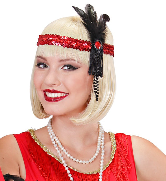 Red Sequin Headband With Feather & Pearls