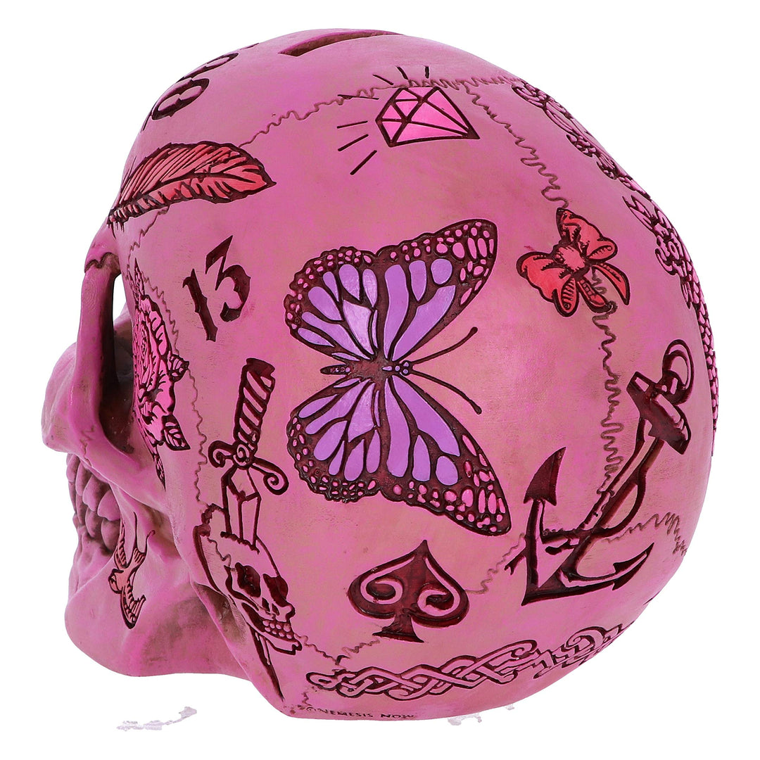 Pink Traditional Tribal Tattoo Fund Skull Money Box