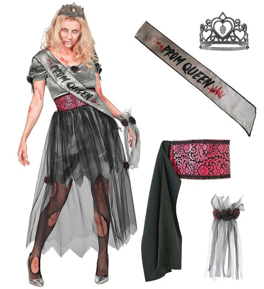 Zombie Prom Queen Dress, Belt, Sash, Tiara, Wrist Corsage