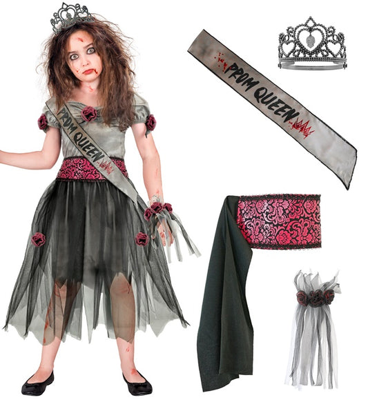 Zombie Prom Queen Dress, Belt, Sash, Tiara, Wrist Corsage