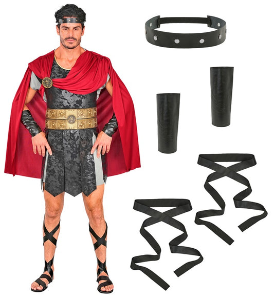 Roman Centurion Tunic, Armour With Cape And Medallion, Headband, Arm Guards, Leg Straps