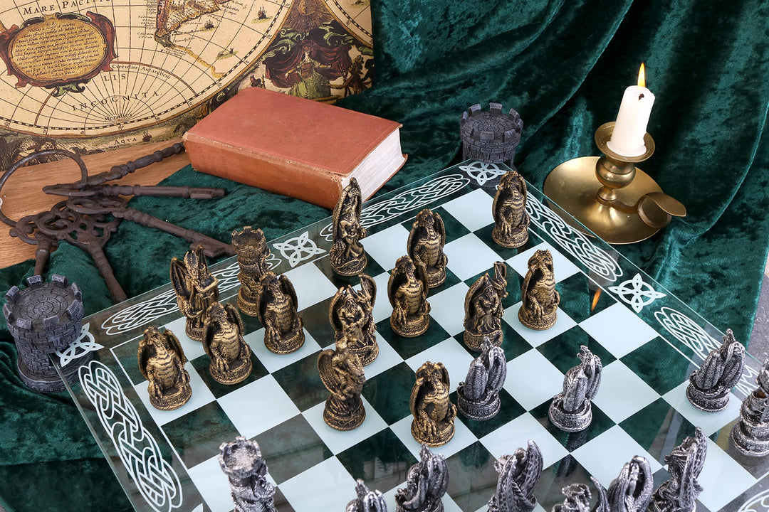 Raised Fantasy Kingdom Of The Dragon Chess Set With Corner Towers 43cm