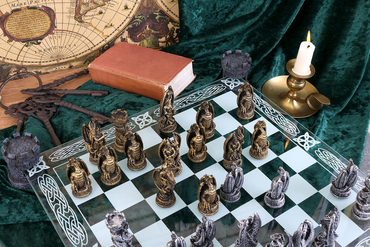 Raised Fantasy Kingdom Of The Dragon Chess Set With Corner Towers 43cm