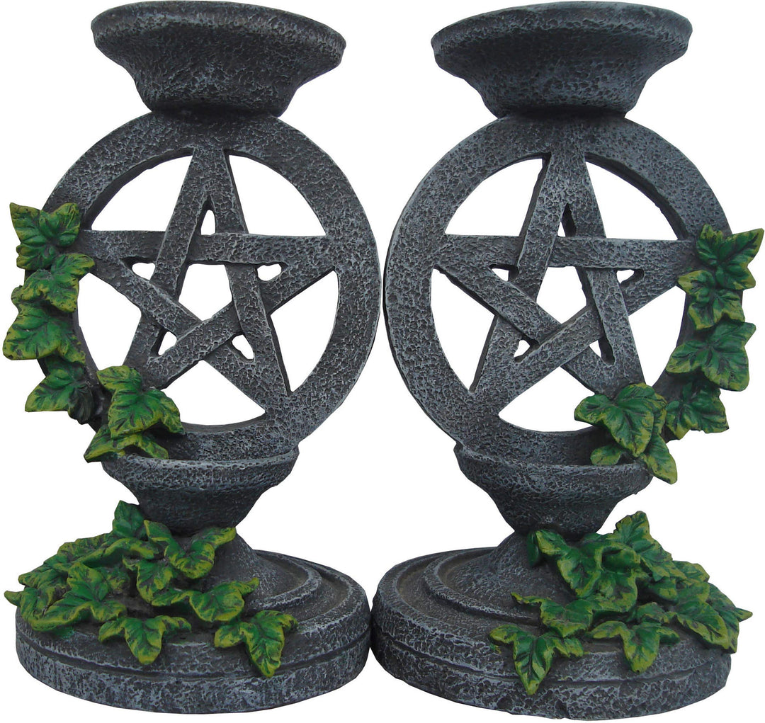 Pair of Aged Ivy Pentagram Candlesticks Gothic Candle Holders 13.4cm