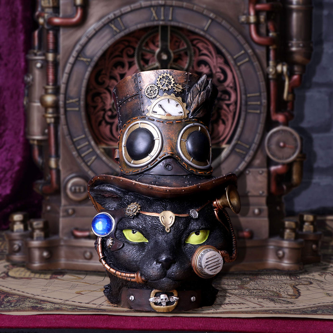 Felius Mogg Steampunk Black Cat Head Figurine 28.8cm