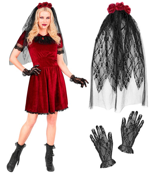 Gothic Vampire Bride Dress, Flower Veil, Gloves