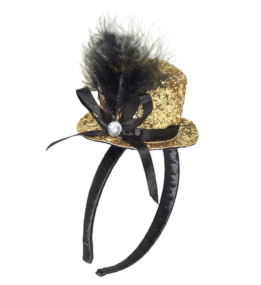Mini Top Hat With Feathers And Gemstone - Gold