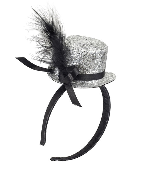 Mini Top Hat With Feathers And Gemstone - Silver