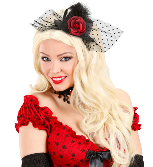 Black Mini Top Hats With Rose, Dotted Tulle & Feathers