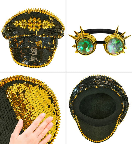 Hat Festival Spiked With Jewels & Spiked Kaleidoscopic Goggles Reversible Sequin Black/Gold