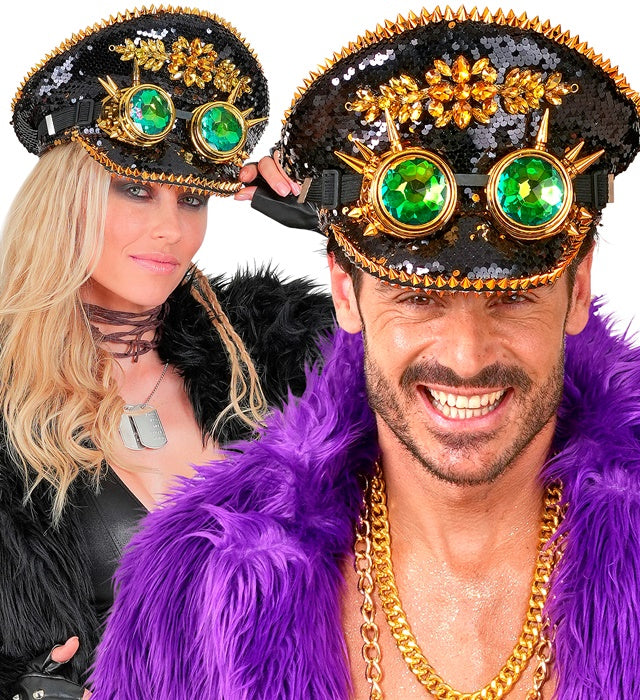 Hat Festival Spiked With Jewels & Spiked Kaleidoscopic Goggles Reversible Sequin Black/Gold