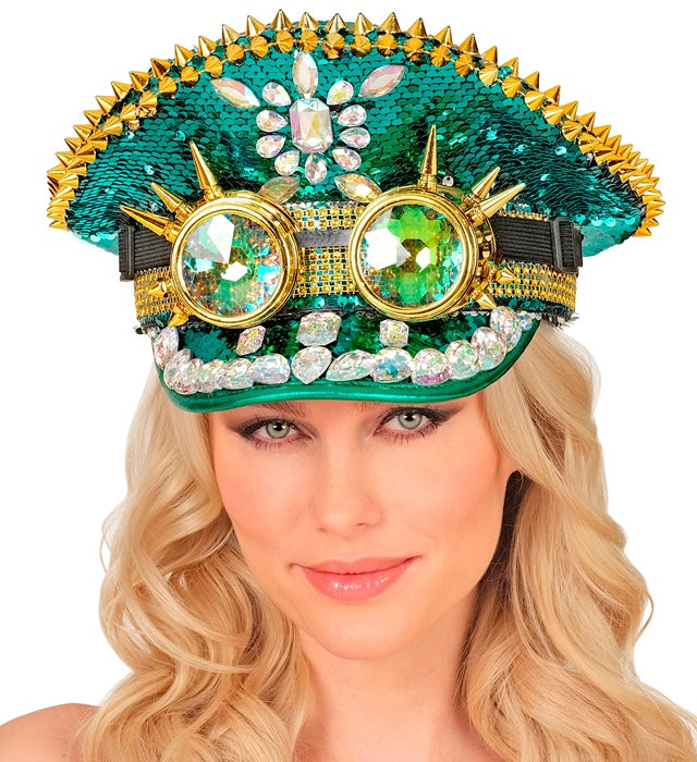 Hat Festival Spiked With Jewels & Spiked Kaleidoscopic Goggles Sequin Green