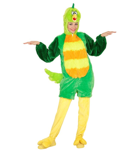 Green Bird In Soft Plush Hooded Jumpsuit With Mask
