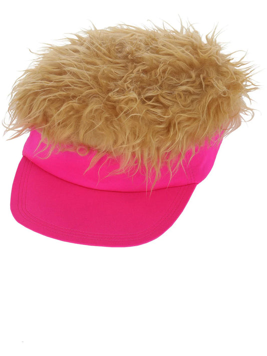 80s Neon Pink Visor Hat with Blonde Hair 2