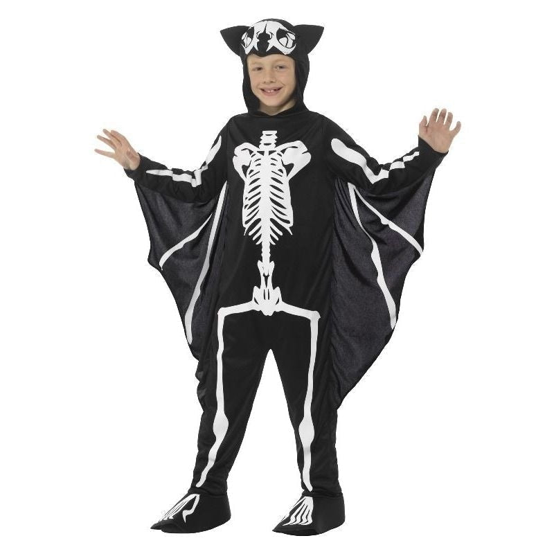 Bat Skeleton Costume Kids Attached Wings Black White Bodysuit_2