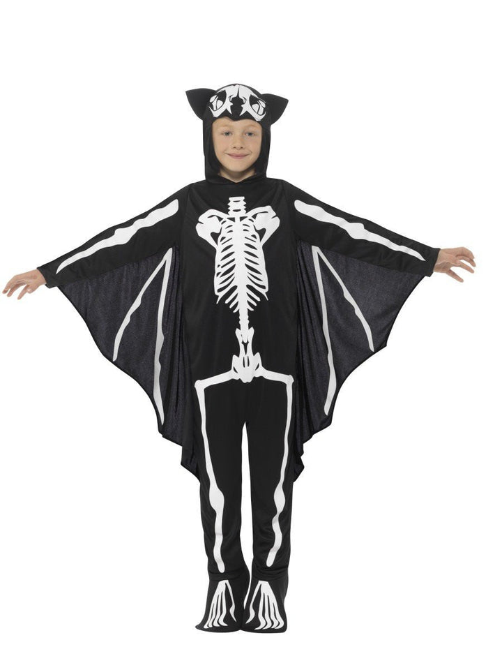 Bat Skeleton Costume Kids Attached Wings Black White Bodysuit_5