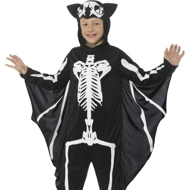 Bat Skeleton Costume Kids Attached Wings Black White Bodysuit_1