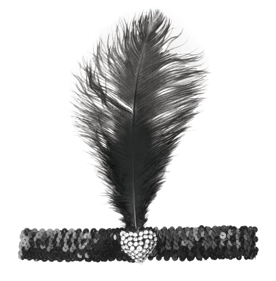 Black Flapper Headband With Crystal Heart Costume Accessory_1