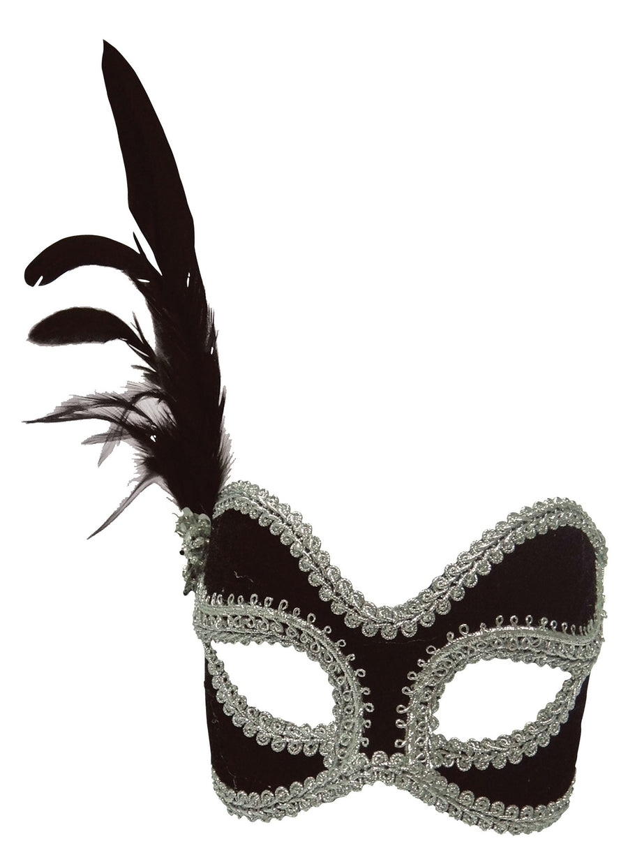 Black & Silver Velvet Eye Mask with Feather_1