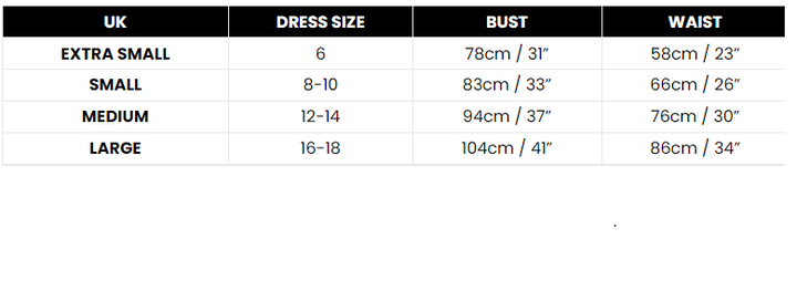 Size Chart British Police Officer Ladies Costume