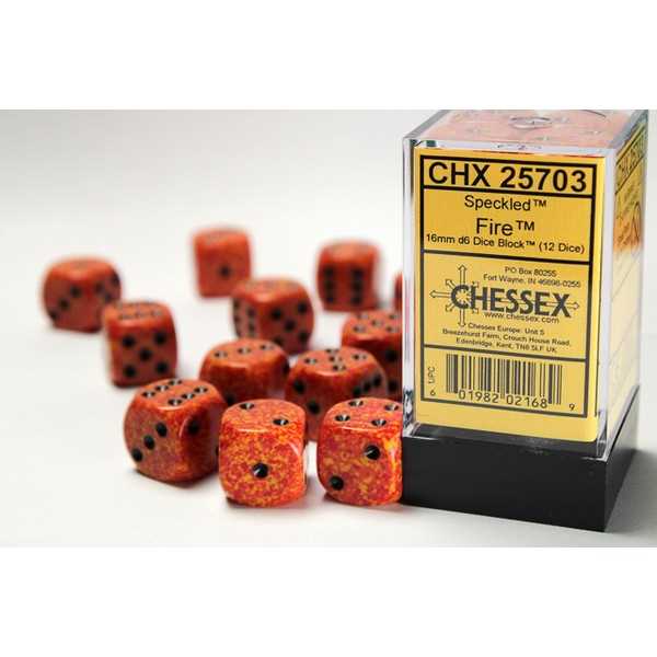 16mm d6 Dice with Pips: Set of 12 - Fire Speckled