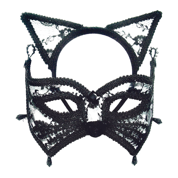 Cat Mask with Ears on Headband Gothic Black Lace_1