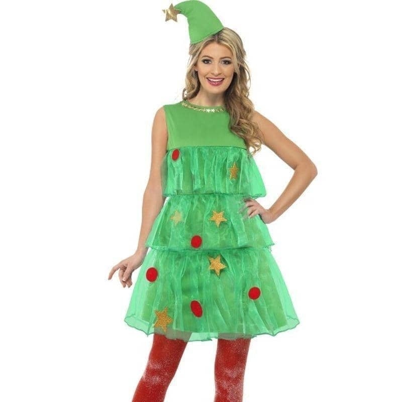 Christmas Tree Costume Adult Green Red Dress Hat_1