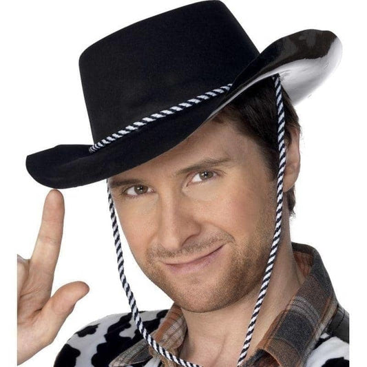 Cowboy Hat Flocked Plastic Adult Black Adjustable Neck Cord Costume Accessory 2