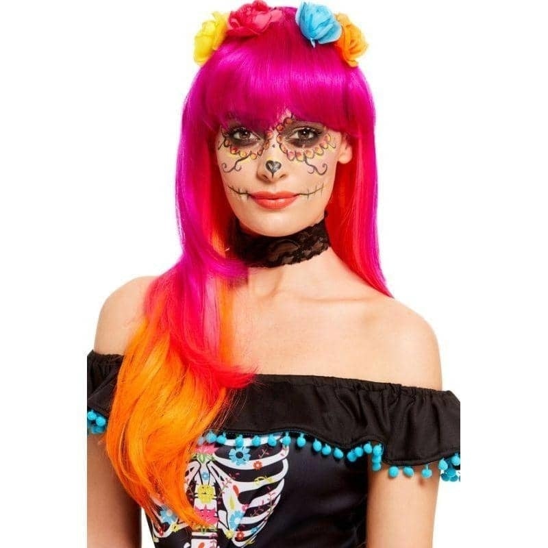 Day Of The Dead Wig Adult Pink Orange_1