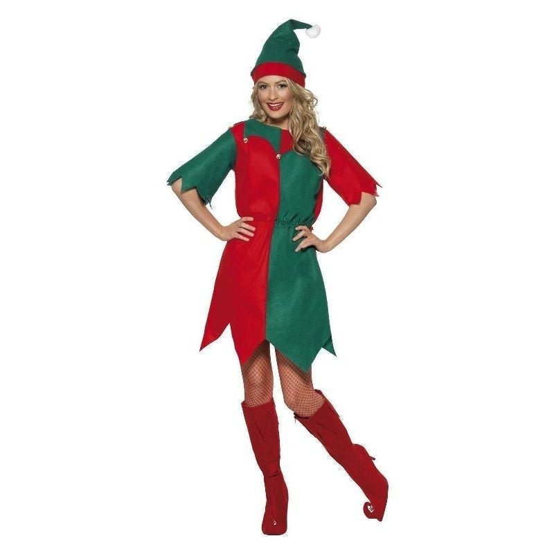 Elf Costume Ladies Red Green Tunic Hat Bells_3