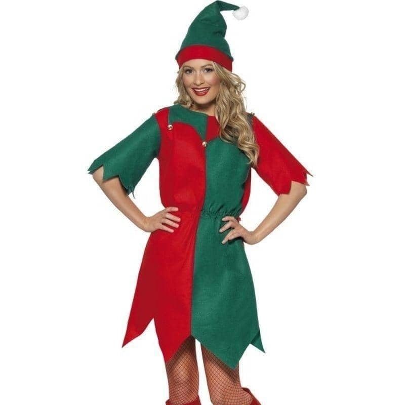 Elf Costume Ladies Red Green Tunic Hat Bells_1