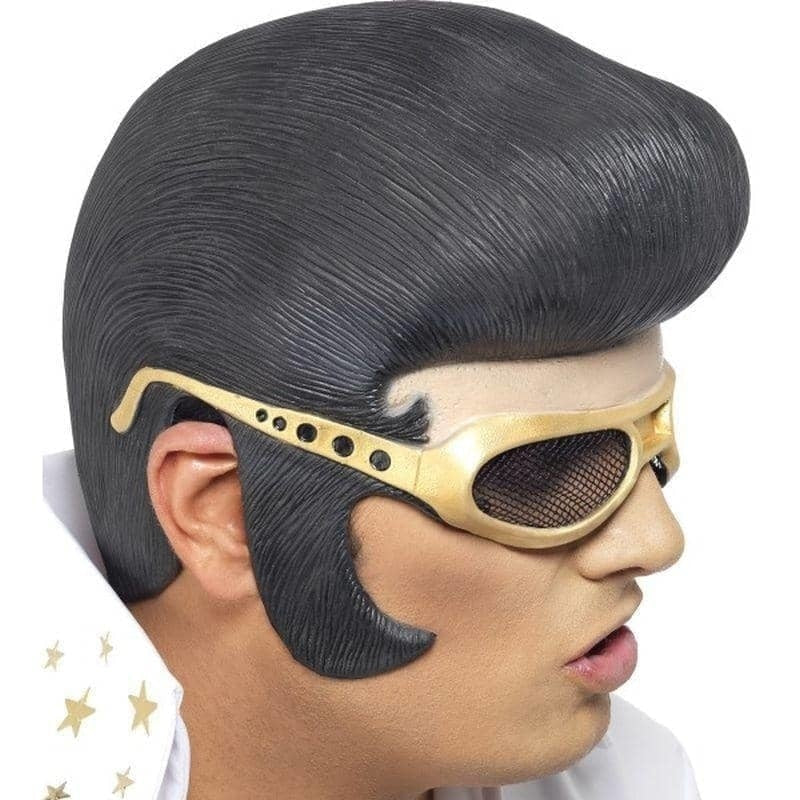 Elvis Headpiece Adult Black Rubber With Gold Moulded Glasses_1