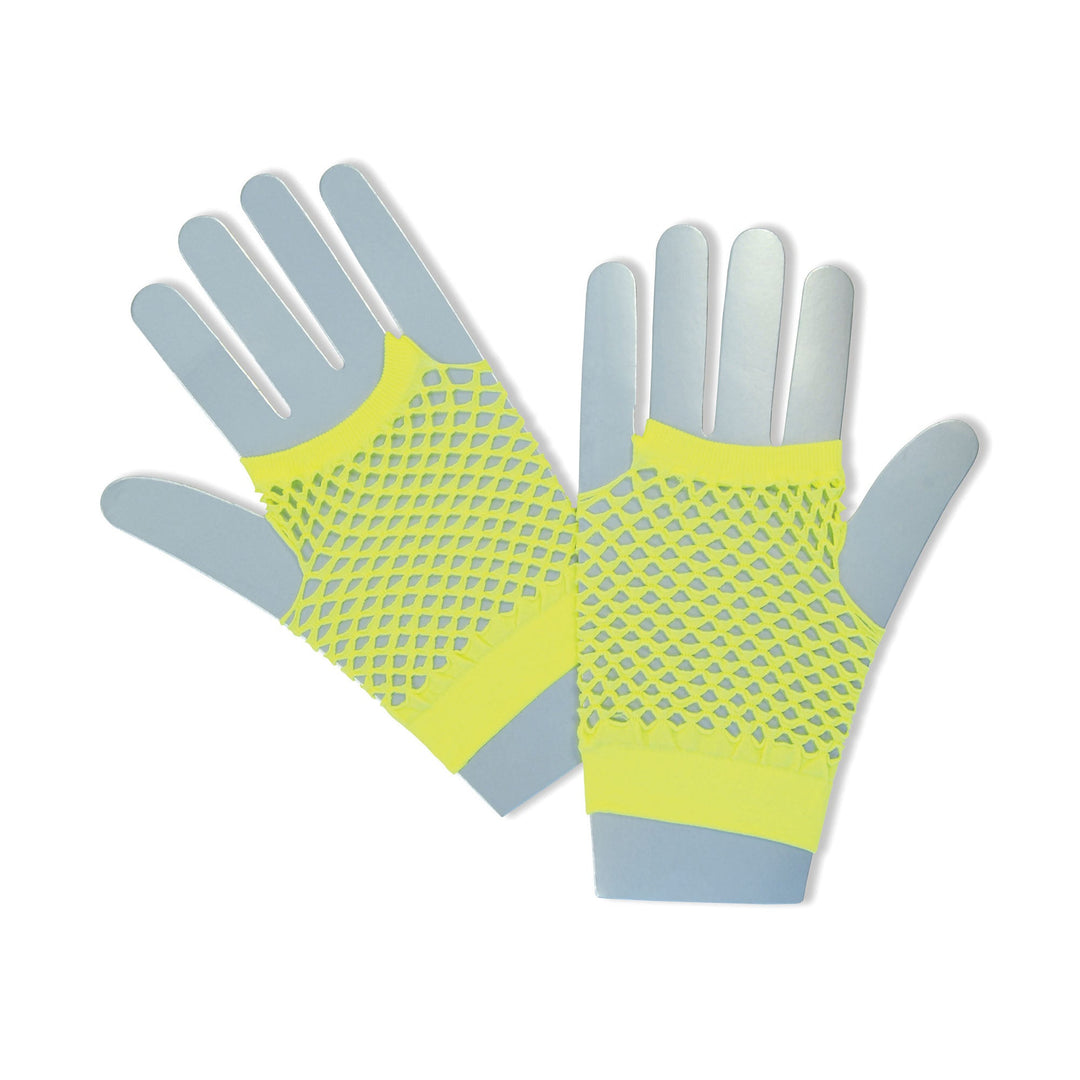 Fishnet Gloves Short Neon Yellow 1980s Costume Accessory_1