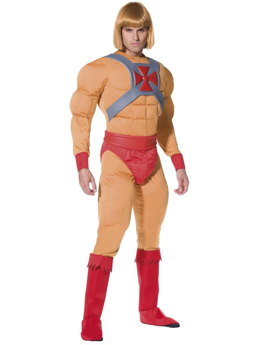 He Man Muscle Costume Adult Jumpsuit Orange Red Silver_4