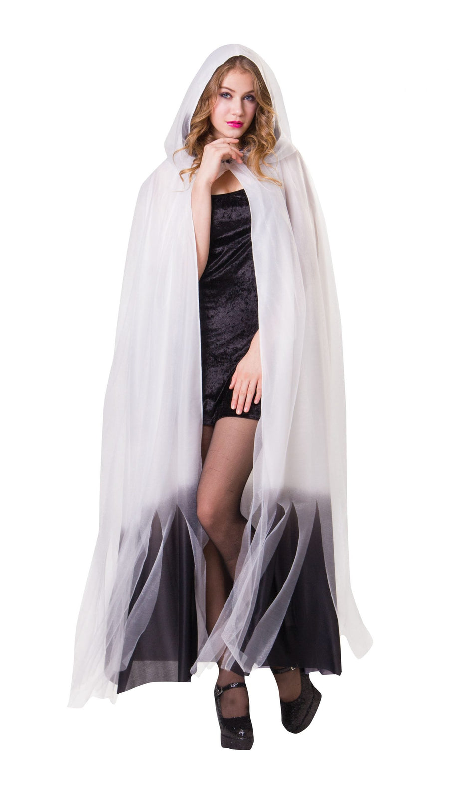 Hooded Cape White Ladies With Black Obmbre Finish Adult Costume Female_1