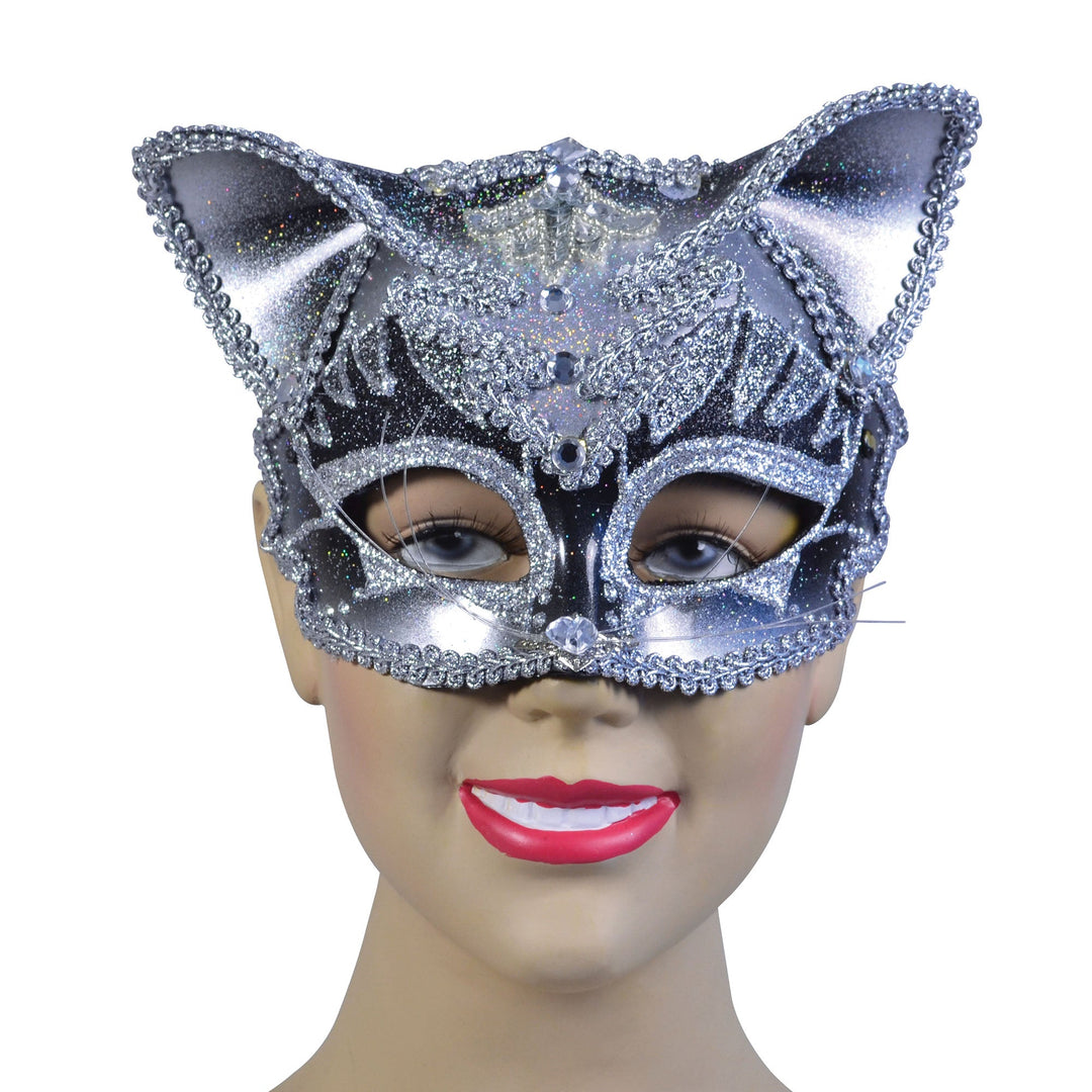 Jewelled Cat Eye Mask Masquerade Ball Silver Sequins_1