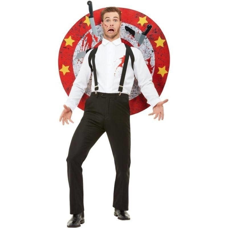 Knife Thrower Costume Red and White Adult Shirt Braces Target Board Velcro Knives_1
