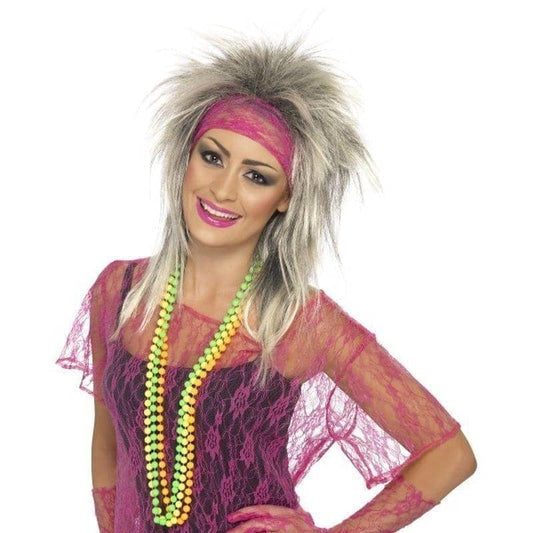 Lace Net Vest Gloves and Headband Adult Neon Pink 80s Costume Set 2