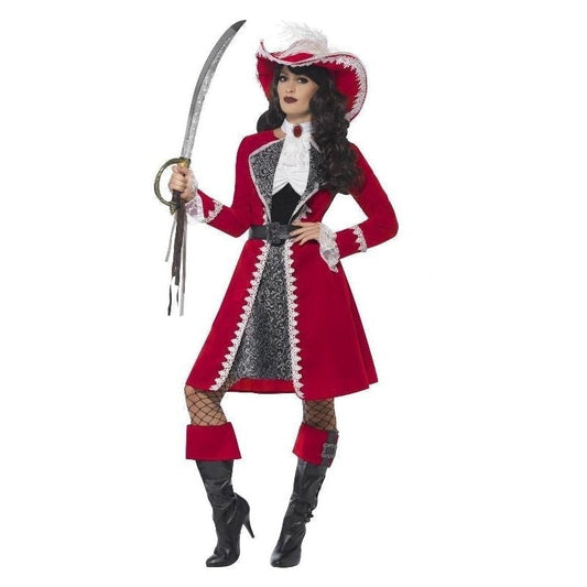 Lady Captain Authentic Deluxe Adult Red Pirate Costume Dress Jacket Neck Tie Boot Covers 2