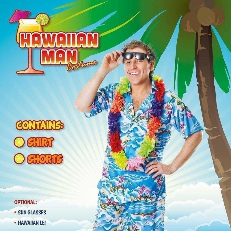Size Chart Mens Hawaiian Costume Blue Shirt and Shorts
