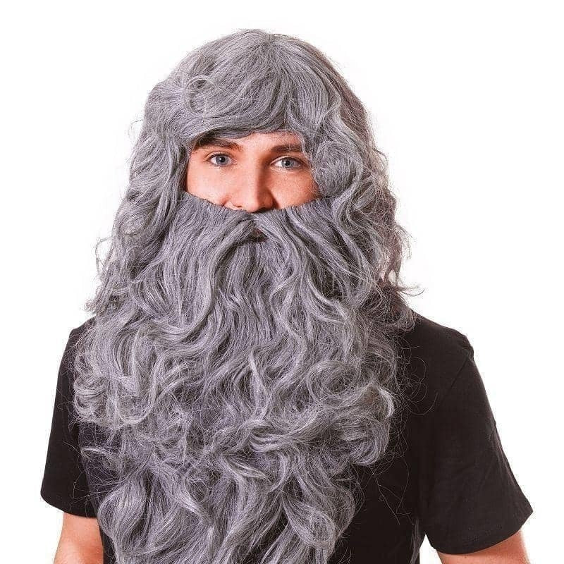 Mens Wizard Wig & Beard Set Grey Budget Wigs Male Halloween Costume Mens Wizard Wig & Beard Set Grey Budget Wigs Male Halloween Costume